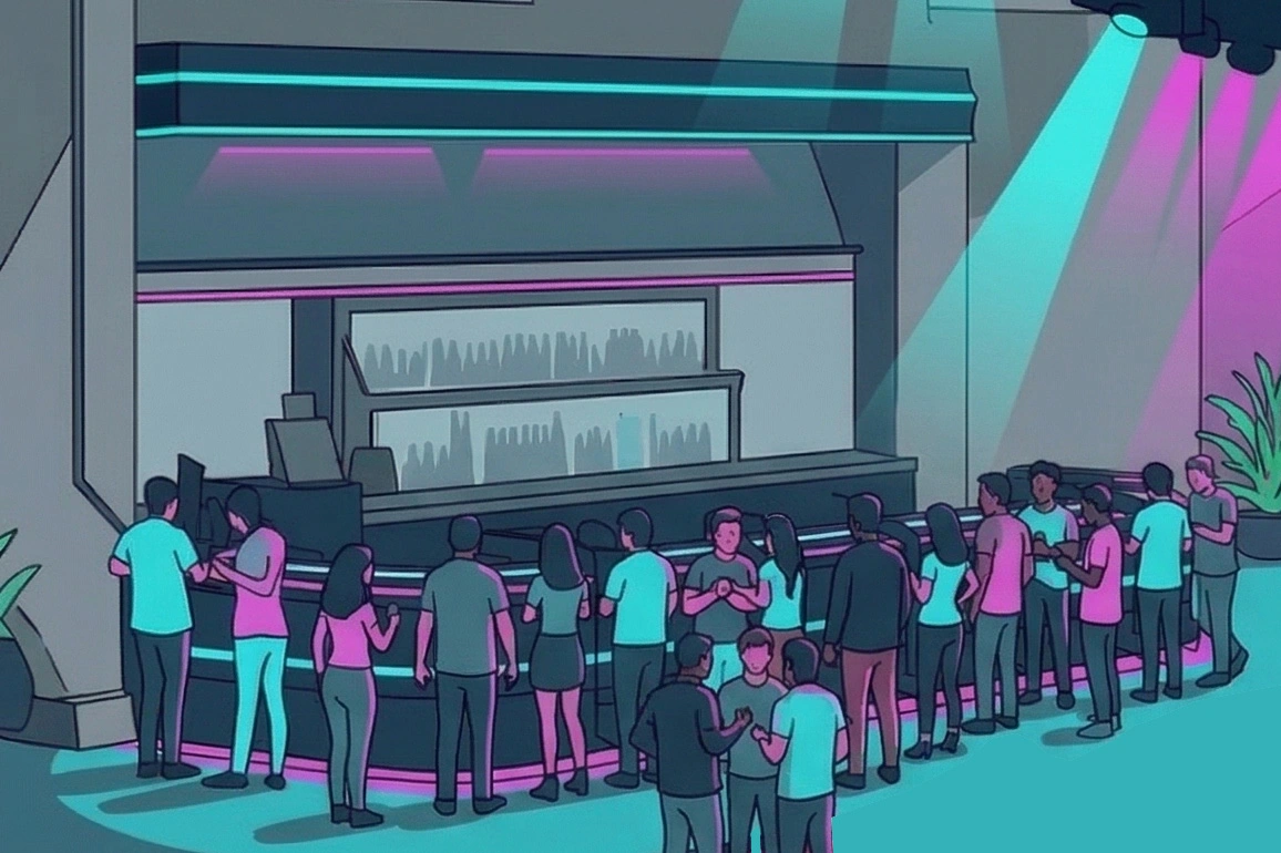 Interface holographique du bar connecté de l'Arénia influençant l'Oracle en temps réel